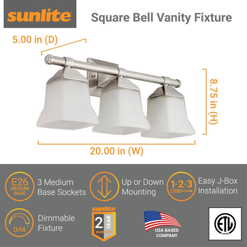 Sunlite ضوء حائط حديث مربع من صنلايت 46063 بحجم 20 بوصة، قاعدة متوسطة (E26)، يتطلب لمبة A19 قياسية (100 واط كحد أقصى)، ظل زجاجي مصنفر، مدرج في ETL، تشطيب نيكل مصقول بـ 3 أضواء - Image 3
